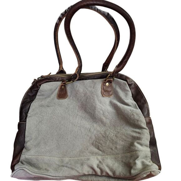 Myra Canvas And Leather Southwestern Shoulder Bag Double Leather Handles - Picture 2 of 12